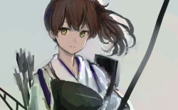 Rule 34 | 1girl, arrow (projectile), bow (weapon), brown hair, closed mouth, grey background, highres, japanese clothes, kaga (kancolle), kantai collection, moor, muneate, ponytail, quiver, side ponytail, simple background, solo, tasuki, upper body, weapon, yellow eyes