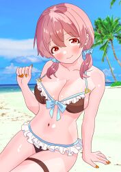 Rule 34 | 1girl, alternate hair ornament, bare arms, bare shoulders, beach, bikini, black bikini, blue scarf, blue sky, blush, breasts, cleavage, cloud, collarbone, commentary, day, frilled bikini, frills, front-tie bikini top, front-tie top, hair between eyes, hair ornament, hair scrunchie, heart o-ring, heart ring top, highres, large breasts, long hair, looking at viewer, low twintails, murosaki miyo, nail polish, navel, onii-chan wa oshimai!, orange nails, outdoors, pa panahana, palm tree, red eyes, red hair, sand, scarf, scrunchie, sitting, sky, smile, solo, swimsuit, thigh strap, tree, twintails