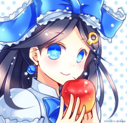 Rule 34 | 1girl, apple, bad id, bad pixiv id, black hair, blue eyes, blush, bow, chisa, dated, earrings, food, frills, fruit, hair bow, hair ornament, holding, jewelry, long hair, puzzle &amp; dragons, smile, snow white (p&amp;d), solo, star-shaped pupils, star (symbol), symbol-shaped pupils, twitter username, upper body