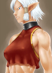 Rule 34 | 1girl, adventurer (ff11), bare shoulders, blue eyes, breasts, brown background, colored eyelashes, commentary request, covered erect nipples, elf, elvaan, final fantasy, final fantasy xi, frown, gochou (kedama), medium breasts, midriff, muscular, muscular female, no lineart, parted lips, pointy ears, short hair, single hair tube, solo, upper body, white hair
