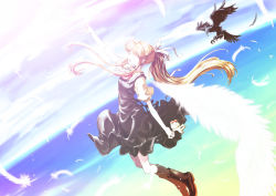 Rule 34 | 00s, 1girl, air (visual novel), bird, blonde hair, data (remmings nest), day, dress, feathers, highres, kamio misuzu, kawakami tomoko, long hair, open mouth, outstretched arm, ponytail, ribbon, school uniform, sky, solo, very long hair, wings