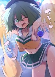 Rule 34 | 1girl, ;d, adapted costume, afterimage, armpits, arms up, bare shoulders, black hat, blush, breasts, bright pupils, cheerleader, chipa (arutana), clothes lift, collarbone, day, dutch angle, green eyes, green hair, green skirt, hat, komeiji koishi, looking at viewer, medium breasts, motion blur, navel, nose blush, one eye closed, open mouth, panties, pantyshot, pleated skirt, pom pom (cheerleading), short hair, sideboob, skirt, smile, solo, standing, stomach, sunlight, thighs, touhou, translation request, underwear, upskirt, white panties
