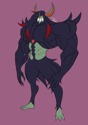 Rule 34 | 1boy, 2020, absurdres, barefoot, biceps, bodysuit, closed mouth, collarbone, colored skin, creatures (company), ear piercing, fangs, fingernails, game freak, gen 8 pokemon, gold, green skin, grimmsnarl, hair between eyes, half-closed eyes, highres, large pectorals, legs apart, levionb123, long ears, long hair, long nose, looking at viewer, male focus, multicolored hair, muscular, muscular male, nintendo, no humans, pectorals, piercing, pokemon, pokemon (creature), purple background, red eyes, red hair, scowl, sharp fingernails, sharp teeth, simple background, solo, standing, teeth, two-tone hair, very long hair