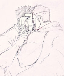 Rule 34 | 2boys, bandaged hand, bandages, bara, comforting, crying, crying with eyes open, fle0423, forehead-to-forehead, graphite (medium), greyscale, hand on another&#039;s face, heads together, male focus, protagonist 3 (housamo), monochrome, multiple boys, muscular, muscular male, pollux (housamo), short hair, sideburns, sketch, tears, tokyo houkago summoners, traditional media, upper body, yaoi