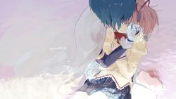 Rule 34 | 2girls, alt text, blood, blue hair, bow, bowtie, cape, closed eyes, clothing request, detached sleeves, gesture request, gloves, grey background, hair ribbon, hand on another&#039;s face, hands on another&#039;s shoulders, highres, hug, hug from behind, injury, kaname madoka, looking at another, looking down, magical girl, mahou shoujo madoka magica, mahou shoujo madoka magica (anime), miki sayaka, miki sayaka (magical girl), miniskirt, mitakihara school uniform, multiple girls, musical note, outdoors, pink hair, red bow, red bowtie, red ribbon, ribbon, school uniform, shirt, short hair, sitting, sitting on person, sitting on water, skirt, thighhighs, twintails, twitter username, un nm5sy, water, white cape, white gloves, white thighhighs, yellow shirt, yuri, zettai ryouiki