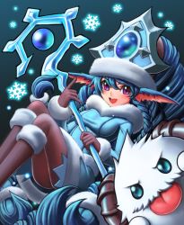 Rule 34 | 1girl, alternate costume, bad id, bad pixiv id, blue eyes, blue hair, blush, boots, braid, coat, fur trim, hat, horns, league of legends, long hair, lulu (league of legends), open mouth, pantyhose, pointy ears, poro (league of legends), purple eyes, ranken, smile, snowflakes, staff, tongue, tongue out, twin braids, very long hair, winter clothes, winter wonder lulu