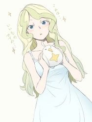 Rule 34 | 1girl, :o, ahoge, bare arms, bare shoulders, bird, blonde hair, blue dress, blue eyes, blush, collarbone, commentary request, creature, diana cavendish, dress, dutch angle, green background, highres, holding, little witch academia, looking at viewer, orinpachu, parted lips, simple background, sleeveless, sleeveless dress, solo, sparkle, sundress, translation request, upper body, wavy hair