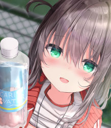 Rule 34 | 1girl, :d, black hair, blurry, blurry background, bottle, chain-link fence, clothes lift, commentary request, depth of field, fence, green eyes, hair between eyes, highres, holding, holding bottle, jacket, kouda suzu, long hair, looking at viewer, open clothes, open jacket, open mouth, original, out-of-frame censoring, red jacket, shirt, shirt lift, smile, solo, track jacket, upper body, water bottle, white shirt
