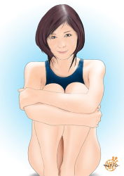 Rule 34 | 1girl, female focus, hugging own legs, nakamura miu, short hair, smile, solo, swimsuit
