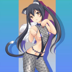 Rule 34 | 1girl, animal ears, bad id, bad pixiv id, belly chain, black hair, breasts, cat ears, cat tail, fishnet top, fishnets, jewelry, k-on!, leotard, long hair, medium breasts, nakano azusa, nipples, paw pose, solo, tail, twintails, wancozow, yellow eyes