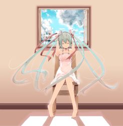 Rule 34 | 1girl, aqua hair, bad id, bad pixiv id, barefoot, chair, closed eyes, dress, eida@renshuuchuu, female focus, flower, full body, hair ribbon, hatsune miku, indoors, long hair, ribbon, sitting, solo, twintails, very long hair, vocaloid, window