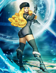 Rule 34 | 1girl, artist name, ass, black hat, black socks, black thighhighs, blonde hair, blue eyes, boots, breasts, fighting stance, full body, fur-trimmed boots, fur hat, fur trim, genzoman, gloves, grey gloves, hand up, hat, ice, knee boots, kneehighs, kolin, legs apart, lips, long hair, long legs, looking at viewer, medium breasts, motion blur, pantyhose, parted lips, railing, shiny clothes, shiny skin, short sleeves, sideways glance, skin tight, snow, socks, solo, standing, steam, street fighter, street fighter v, thighhighs, toned, ushanka, wavy hair