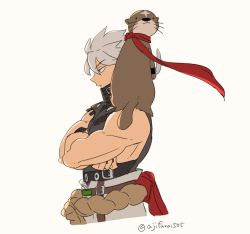 Rule 34 | 1boy, animal, animal on shoulder, asaya minoru, bare arms, bare shoulders, chipp zanuff, crossed arms, from side, grey hair, grey pants, grey shirt, guilty gear, guilty gear strive, hair between eyes, male focus, otter, pants, profile, red eyes, red scarf, scarf, shirt, simple background, sleeveless, sleeveless shirt, solo, twitter username, white background