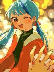 Rule 34 | !?, 1girl, 1other, aqua hair, blue hair, blurry, blush, bokeh, commentary, depth of field, earrings, fur-trimmed jacket, fur trim, hair ribbon, highres, holding hands, interlocked fingers, jacket, jewelry, long hair, long sleeves, looking at viewer, low twintails, multicolored hair, nagomi ( nagomi ), nail polish, one eye closed, open clothes, open jacket, open mouth, original, pov, pov hands, red eyes, red jacket, red nails, red ribbon, ribbon, smile, solo focus, streaked hair, turtleneck, twintails, upper body