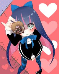 Rule 34 | 10s, 1girl, blue eyes, blue hair, blush, colored inner hair, doughnut, dress, female focus, food, from above, gothic lolita, highres, lolita fashion, long hair, matching hair/eyes, multicolored hair, panty &amp; stocking with garterbelt, pinky out, sailor antei, solo, stocking (psg), striped clothes, striped thighhighs, thighhighs