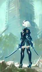 Rule 34 | 1girl, back, black dress, black footwear, black thighhighs, boots, building, dress, feather-trimmed sleeves, full body, hairband, high heel boots, high heels, highres, holding, holding weapon, looking afar, looking away, nier (series), nier:automata, optionaltypo, ruins, signature, sky, solo, standing, sword, thigh boots, thighhighs, tree, weapon, white hair, 2b (nier:automata)