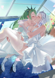 Rule 34 | 2girls, ass, asymmetrical bangs, azur lane, bare shoulders, blonde hair, blue hair, blush, boots, bow, breast press, breasts, bridal veil, carrying, cleavage, closed eyes, commission, couple, dress, elbow gloves, female focus, flower, gloves, green hair, hair ornament, hairclip, high heel boots, high heels, highres, hug, illustrious (azur lane), illustrious (morning star of love and hope) (azur lane), kiss, lace, lace-trimmed legwear, lace trim, large breasts, littorio (azur lane), long hair, mole, mole under eye, monobe yuri, multiple girls, official alternate costume, petals, princess carry, skeb commission, thighhighs, thighs, tiara, veil, wedding dress, white gloves, white legwear, wife and wife, window, yuri