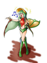 Rule 34 | 1girl, capcom, closed eyes, green hair, long hair, midriff, monster girl, monster hunter (series), multicolored hair, music, musical note, navel, outstretched arms, personification, qurupeco, singing, tail, wings