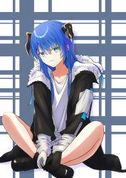 Rule 34 | 1girl, absurdres, arknights, black footwear, black jacket, blue eyes, blue hair, commentary request, crossed legs, demon horns, full body, fur trim, gloves, halo, highres, horns, jacket, long hair, long sleeves, looking at viewer, mostima (arknights), myudo-0323, open clothes, shirt, sitting, smile, solo, white shirt