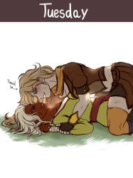 Rule 34 | 2girls, after battle, all fours, arslan altan, black gloves, blonde hair, blush, breast press, breasts, brown jacket, brown skirt, bruise, cleavage, couple, dark-skinned female, dark skin, ember celica (rwby), english text, eye contact, eyebrows hidden by hair, facing another, female focus, fingerless gloves, from side, gauntlets, girl on top, gloves, grin, hand wraps, heart, highres, holding, holding another&#039;s wrist, imminent kiss, injury, interracial, jacket, japanese clothes, kimono, leaning forward, long hair, looking at another, looking down, looking up, lying, medium breasts, medium hair, multiple girls, murasaki-yuri, naughty face, on back, on person, orange scarf, parted lips, purple eyes, restrained, rwby, scarf, short sleeves, simple background, skirt, smile, spoken heart, straddling, talking, teeth, weapon, white background, yang xiao long, yellow kimono, yuri