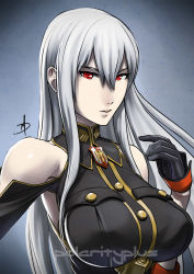 Rule 34 | 00s, 1girl, bare shoulders, black gloves, breasts, female focus, gloves, gradient background, hair between eyes, large breasts, lips, long hair, looking at viewer, military, military uniform, polarityplus, red eyes, selvaria bles, senjou no valkyria, senjou no valkyria (series), senjou no valkyria 1, silver hair, solo, tsurime, uniform, upper body, very long hair