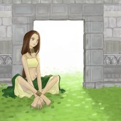 Rule 34 | 1girl, anklet, arc the lad, arc the lad ii, bare shoulders, breasts, brown hair, dark skin, dark-skinned female, facial mark, forehead mark, grass, green skirt, jewelry, navel, neck ring, no bra, sania (arc the lad), skirt, solo