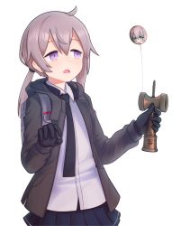 Rule 34 | 1girl, ahoge, backpack, bag, black gloves, black necktie, black skirt, brown hair, chibi, collared shirt, dress shirt, english text, girls&#039; frontline, gloves, grey jacket, hair tie, highres, holding, holding toy, hood, hood down, hooded jacket, jacket, jacy, kendama, low ponytail, m200 (girls&#039; frontline), necktie, open clothes, open jacket, open mouth, pleated skirt, purple eyes, reflection, shirt, sidelocks, skirt, solo, surprised, toy, upper body, white background, white shirt