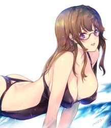 Rule 34 | 10s, 1girl, all fours, ass, ass cutout, black one-piece swimsuit, blush, breasts, brown hair, butt crack, cleavage, clothing cutout, covered erect nipples, glasses, kuromukuro, large breasts, long hair, looking at viewer, min-naraken, one-piece swimsuit, open mouth, purple eyes, red-framed eyewear, semi-rimless eyewear, signature, simple background, smile, solo, swimsuit, unami marina, under-rim eyewear