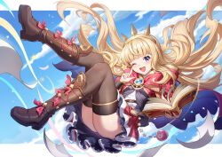 Rule 34 | 1girl, :d, absurdres, ass, black footwear, black thighhighs, blonde hair, blue sky, blush, book, boots, brooch, cagliostro (granblue fantasy), cape, cloud, cloudy sky, day, finger to eye, floating, floating hair, full body, glint, granblue fantasy, hair spread out, hairband, highres, holding, holding book, index finger raised, jewelry, knee boots, knees together feet apart, letterboxed, long hair, looking at viewer, miniskirt, one eye closed, open book, open mouth, outdoors, petticoat, pleated skirt, purple cape, purple eyes, red cape, red skirt, shenqi xiao hong zai nali, shirt, sidelocks, skirt, sky, smile, solo, spiked hairband, spikes, teeth, thighhighs, two-sided cape, two-sided fabric, upper teeth only, white shirt