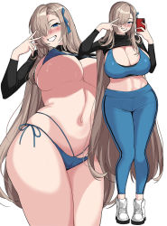 Rule 34 | 1girl, asuna (blue archive), bikini, black sweater, blonde hair, blue archive, blue bikini, blue eyes, blue leggings, blue pants, blue sports bra, blush, breasts, cellphone, cleavage, clothes lift, covered erect nipples, grin, hair between eyes, hair over one eye, hella p, highres, holding, holding phone, large breasts, leggings, long hair, long sleeves, looking at viewer, micro bikini, mole, mole on breast, multiple views, navel, pants, phone, projected inset, selfie, side-tie bikini bottom, smile, sports bra, sportswear, string bikini, sweater, sweater lift, sweatpants, swimsuit, underboob, v, very long hair, white background, white footwear