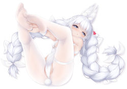 Rule 34 | + +, 1girl, absurdres, animal ear fluff, animal ears, azur lane, braid, breast curtains, choker, crotchless, fake animal ears, feet, highres, john zerowb, le malin (azur lane), le malin (listless lapin) (azur lane), leotard, looking at viewer, low twin braids, o-ring, o-ring choker, official alternate costume, pantyhose, playboy bunny, rabbit ears, rabbit tail, soles, tail, thighhighs, twin braids, white hair, white leotard, white thighhighs