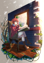 Rule 34 | 1girl, blue eyes, book, boots, carillus, hatori chise, highres, looking at viewer, mahou tsukai no yome, plant, red hair, sitting, skirt, solo, thorns, vines, white legwear, window, wooden floor
