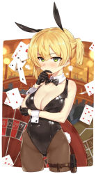 Rule 34 | 1girl, animal ears, bad id, bad pixiv id, bare shoulders, black bow, black bowtie, black gloves, black leotard, blonde hair, blush, bolt action, bow, bowtie, braid, breasts, brown pantyhose, buckle, card, casino, cleavage, club (shape), collarbone, cropped legs, detached collar, diamond (shape), fake animal ears, french braid, girls&#039; frontline, gloves, gluteal fold, green eyes, hand on own face, handgun, highres, holster, integral suppressor, integrally-suppressed firearm, kylin, large breasts, leotard, looking away, one side up, pantyhose, playboy bunny, playing card, rabbit ears, rabbit tail, roulette, solo, spade (shape), standing, suppressor, sweat, tail, thigh holster, thigh strap, thinking, welrod, welrod mk ii, welrod mkii (girls&#039; frontline)