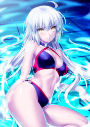 Rule 34 | 1girl, ahoge, bare shoulders, bikini, black bikini, breasts, cleavage, cowboy shot, fate/grand order, fate (series), highres, jeanne d&#039;arc alter (swimsuit berserker) (fate), jeanne d&#039;arc (fate), jeanne d&#039;arc alter (fate), jeanne d&#039;arc alter (swimsuit berserker) (fate), large breasts, long hair, looking at viewer, navel, parted lips, partially submerged, silver hair, sitting, smile, solo, swimsuit, water, yellow eyes, yokozuwari, zen