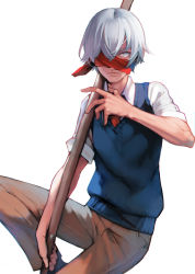 Rule 34 | 1boy, ataruman, blindfold, closed mouth, highres, holding, holding sword, holding weapon, male focus, neckwear request, original, red blindfold, red neckwear, scabbard, sheath, simple background, sleeves rolled up, solo, sword, weapon, white background, white eyes, white hair