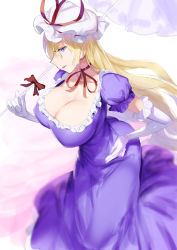 Rule 34 | 1girl, absurdres, blonde hair, breasts, collarbone, commentary, dress, elbow gloves, gloves, gunnjou yosio, hair between eyes, hand on own hip, hat, hat ribbon, highres, large breasts, long dress, long hair, mob cap, neck ribbon, parasol, purple dress, purple eyes, red ribbon, ribbon, simple background, sketch, solo, touhou, umbrella, white background, white gloves, white hat, yakumo yukari