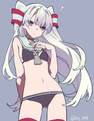 Rule 34 | 10s, 1girl, adapted costume, amatsukaze (kancolle), arm behind back, ass, bare shoulders, bikini, grey background, hair tubes, highres, kantai collection, lifebuoy, long hair, looking at viewer, mochizuki kei, navel, red legwear, sailor bikini, sailor collar, silver hair, simple background, solo, swim ring, swimsuit, thigh gap, thighs, twitter username, two side up, yamada kei