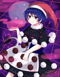 Rule 34 | !, 1girl, :3, absurdres, black dress, blue eyes, blue hair, blush, book, breasts, capelet, doremy sweet, dream soul, dream world (touhou), dress, hair between eyes, hat, heart, highres, large breasts, one-hour drawing challenge, pom pom (clothes), red hat, smile, solo, star (symbol), subaru (subachoco), tail, tapir tail, touhou