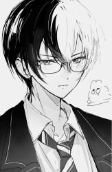 Rule 34 | 1boy, amin (aminblue), aoyagi touya, bespectacled, closed mouth, collared shirt, diagonal-striped clothes, diagonal-striped necktie, glasses, hair between eyes, highres, kamiyama high school uniform (project sekai), lapels, looking at viewer, male focus, mole, mole under eye, monochrome, multicolored hair, necktie, notched lapels, open collar, project sekai, school uniform, shirt, short hair, solo, split-color hair, striped clothes, striped necktie, two-tone hair, upper body