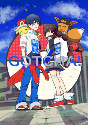 Rule 34 | 1boy, 1girl, ^ ^, absurdres, backwards hat, baseball cap, blue hair, brown hair, closed eyes, closed mouth, copyright name, creatures (company), eevee, game freak, gen 1 pokemon, gotcha!, gotcha! boy (pokemon), gotcha! girl (pokemon), hand in pocket, hat, clothed pokemon, highres, hinari080812, jacket, long hair, looking at viewer, nintendo, on shoulder, pikachu, pleated skirt, poke ball, pokemon, pokemon (creature), pokemon on shoulder, short sleeves, skirt, smile, twintails