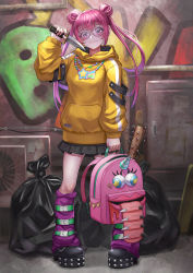 Rule 34 | 1girl, backpack, bad id, bad pixiv id, bag, baseball bat, black footwear, black skirt, boots, breasts, closed mouth, commentary request, double bun, ebinomi, full body, hair bun, hair ornament, hand up, highres, holding, holding bag, holding knife, hood, hood down, hoodie, jewelry, knee boots, kneehighs, knife, long hair, long sleeves, looking at viewer, medium breasts, nail, nail bat, necklace, original, outdoors, pink bag, pink footwear, pink hair, pleated skirt, print bag, round eyewear, shoes, skirt, smile, socks, solo, standing, star (symbol), striped clothes, striped socks, trash bag, twintails, unworn backpack, unworn bag, yellow hoodie