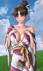 1girl absurdres baileymcpatty black_hair breasts cleavage commission commissioner_upload earrings feather_hair_ornament feathers hair_bun hair_ornament highres inuyasha japanese_clothes jewelry kagura_(inuyasha) kimono large_breasts non-web_source outdoors pointy_ears red_eyes solo undressing vgen_commission