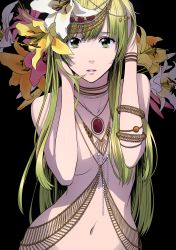 Rule 34 | 1girl, absurdres, bare shoulders, black background, blonde hair, blunt bangs, bracelet, breasts, collarbone, eyelashes, female focus, flower, hair flower, hair ornament, hands on own head, hands up, highres, jewelry, kalua (artist), long hair, looking at viewer, medium breasts, navel, necklace, original, simple background, solo, stomach, upper body, very long hair, yellow eyes