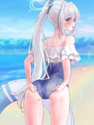 Rule 34 | 1girl, adjusting clothes, adjusting swimsuit, ass, blue archive, blue one-piece swimsuit, blurry, blurry background, blush, cameltoe, cleft of venus, frilled one-piece swimsuit, frills, from behind, grey hair, halo, highres, innertube, long hair, mahiruno okiba, median furrow, miyako (blue archive), miyako (swimsuit) (blue archive), official alternate costume, one-piece swimsuit, open mouth, ponytail, profile, purple eyes, solo, sweatdrop, swim ring, swimsuit, very long hair