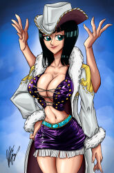 Rule 34 | 1girl, bare shoulders, black hair, blue eyes, breasts, cityscape, cleavage cutout, clothing cutout, cloud, cloudy sky, cowboy hat, cowboy western, female focus, hana hana no mi, hat, highres, holding, holding clothes, holding hat, jacket, large breasts, long hair, looking at viewer, midriff, navel, nico robin, nico robin (alabasta), one piece, sky, solo, sun, sunlight, thick thighs, thighs, underboob