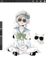 Rule 34 | 1girl, art program in frame, bang dream!, bang dream! it&#039;s mygo!!!!!, blue bow, blue eyes, blue nails, bow, bowtie, cat, commentary, crossed legs, full body, green-framed eyewear, green bow, green bowtie, hashtag-only commentary, hat, hat bow, heterochromia, highres, kaname raana, layered sleeves, long sleeves, looking at viewer, official alternate hairstyle, parted lips, shirt, short over long sleeves, short sleeves, short twintails, simple background, sitting, solo, sunglasses, twintails, white background, white cat, white hat, white shirt, yellow eyes, zongchi