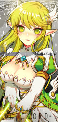 Rule 34 | bow (weapon), breasts, character name, cleavage, cleavage cutout, clothing cutout, copyright name, drawing bow, elsword, grand archer, high collar, holding, holding bow (weapon), holding weapon, pointy ears, rena erindel, solo, tagme, watermark, weapon, web address