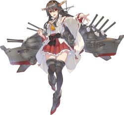 Rule 34 | 1girl, bare shoulders, black hair, breasts, brown eyes, brown hair, detached sleeves, hair ornament, hairband, hairclip, haruna (kancolle), haruna kai ni (kancolle), headgear, japanese clothes, kantai collection, konishi (koconatu), large breasts, long hair, looking at viewer, nontraditional miko, official art, open mouth, ribbon-trimmed sleeves, ribbon trim, skirt, smile, solo, thighhighs