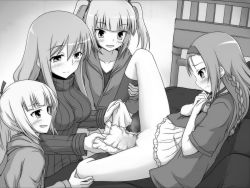 Rule 34 | 4girls, blush, diaper, monochrome, multiple girls, pussy, spread legs, twintails, uncensored
