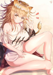 Rule 34 | 1girl, animal ears, arknights, bare legs, bare shoulders, barefoot, blonde hair, blush, breasts, brown eyes, candy, cleavage, closed mouth, collarbone, commentary request, food, gradient background, highres, holding, jacket, jiaxi daze, large breasts, lion ears, lion tail, lollipop, long hair, looking at viewer, off shoulder, shiny skin, shirt, short sleeves, siege (arknights), signature, t-shirt, tail, thighs, toes